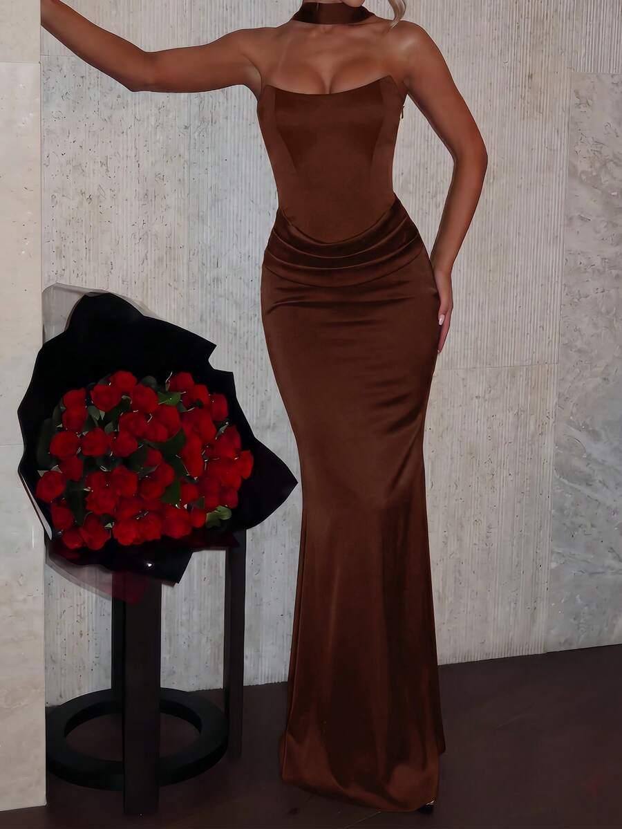 SHEIN BRĄZOWA MAXI SUKIENKA S06__M