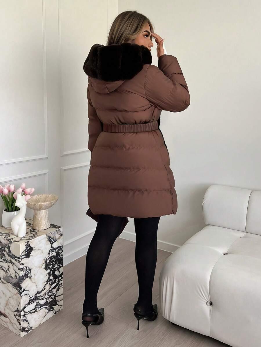 SHEIN BRĄZOWA PIKOWANA KURTKA KAPTUR W01__S