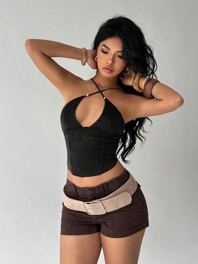 SHEIN CZARNY TOP NA RAMIĄCZKACH S09__XS