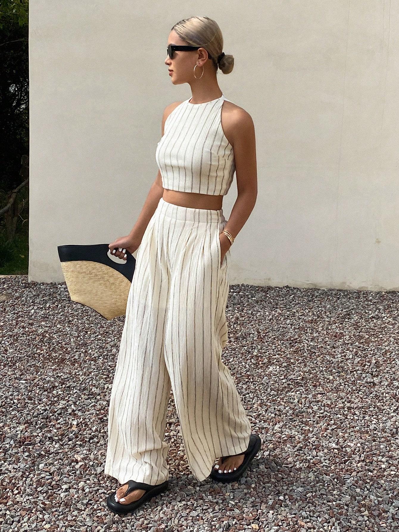 SHEIN KOMPLET TOP SPODNIE WZÓR PASKI S06__M