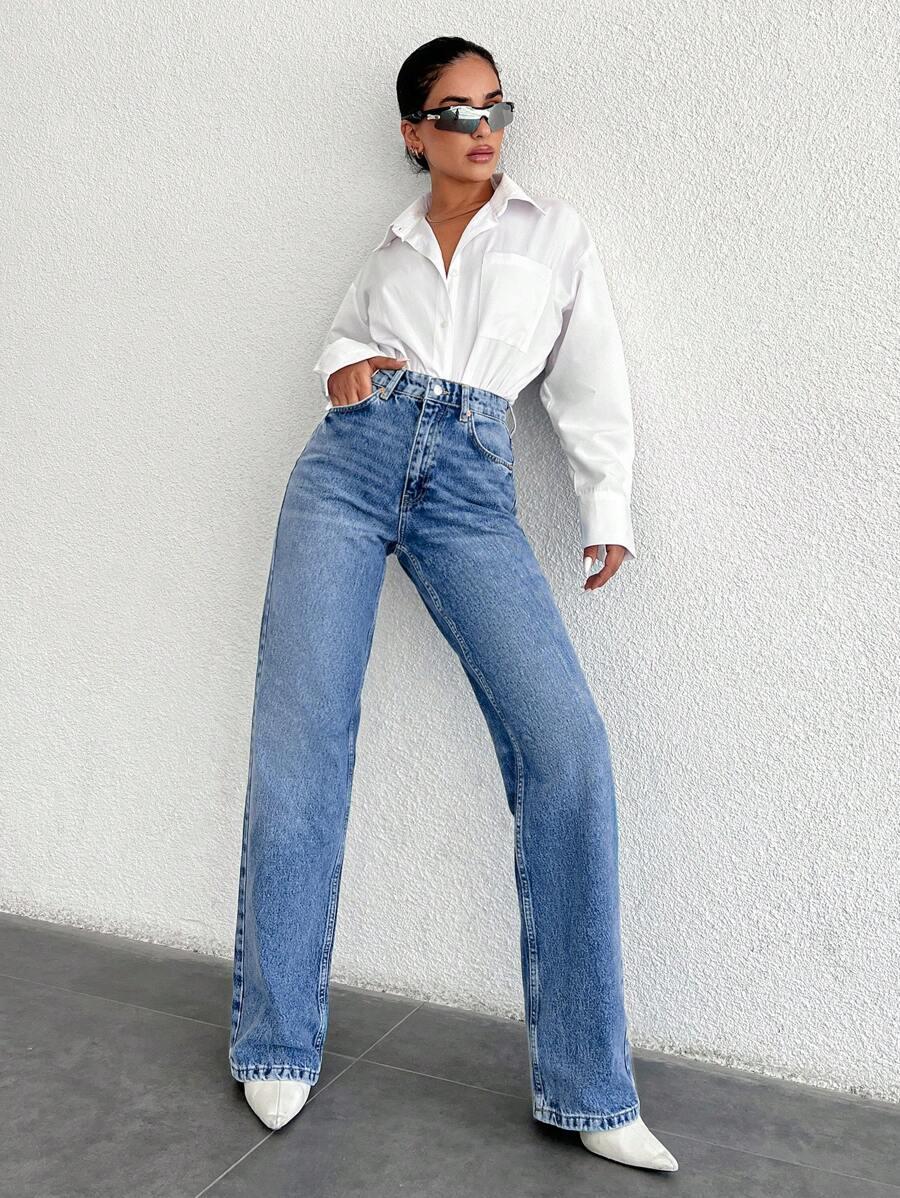 SHEIN SPODNIE JEANS WYSOKI STAN PROSTA NOGAWKA S06__S