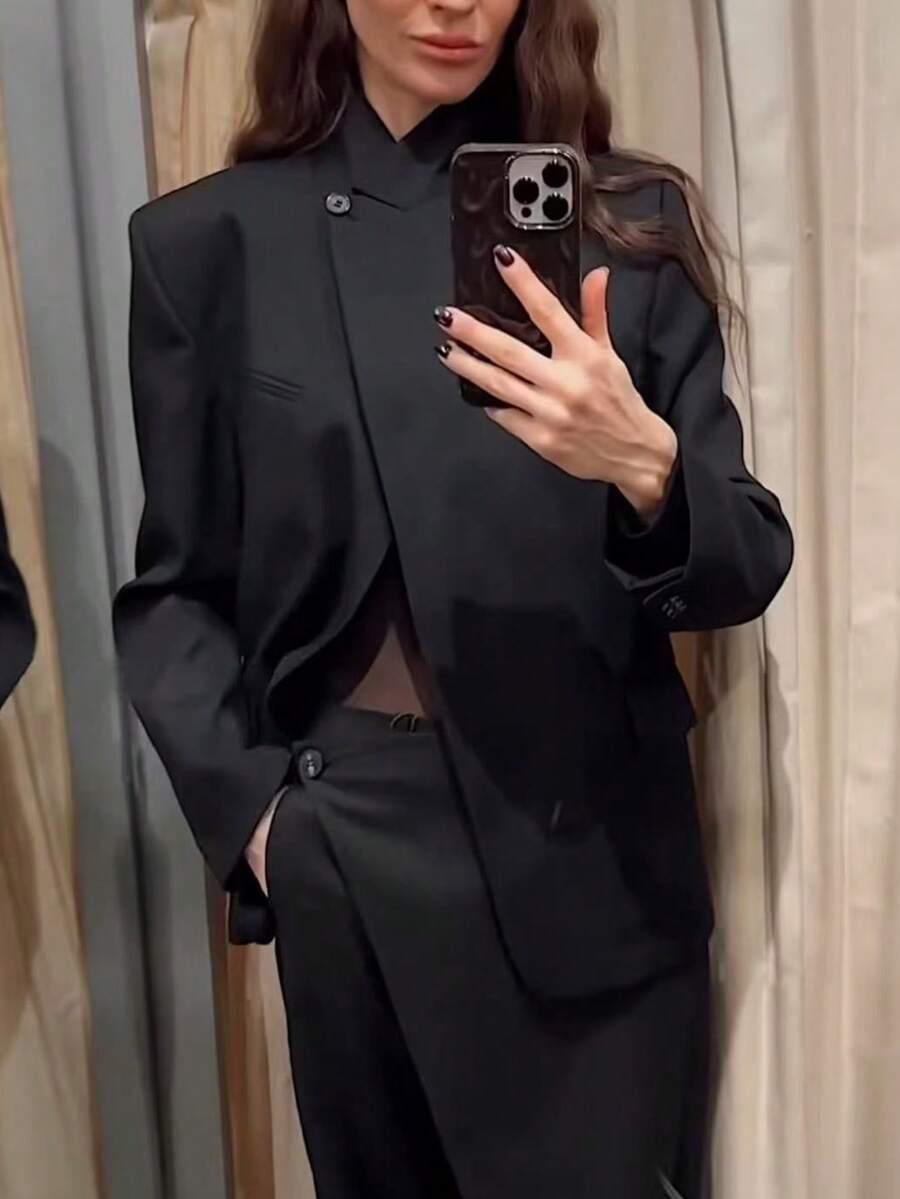 SHEIN CZARNA MARYNARKA DŁUGI RĘKAW S06__L