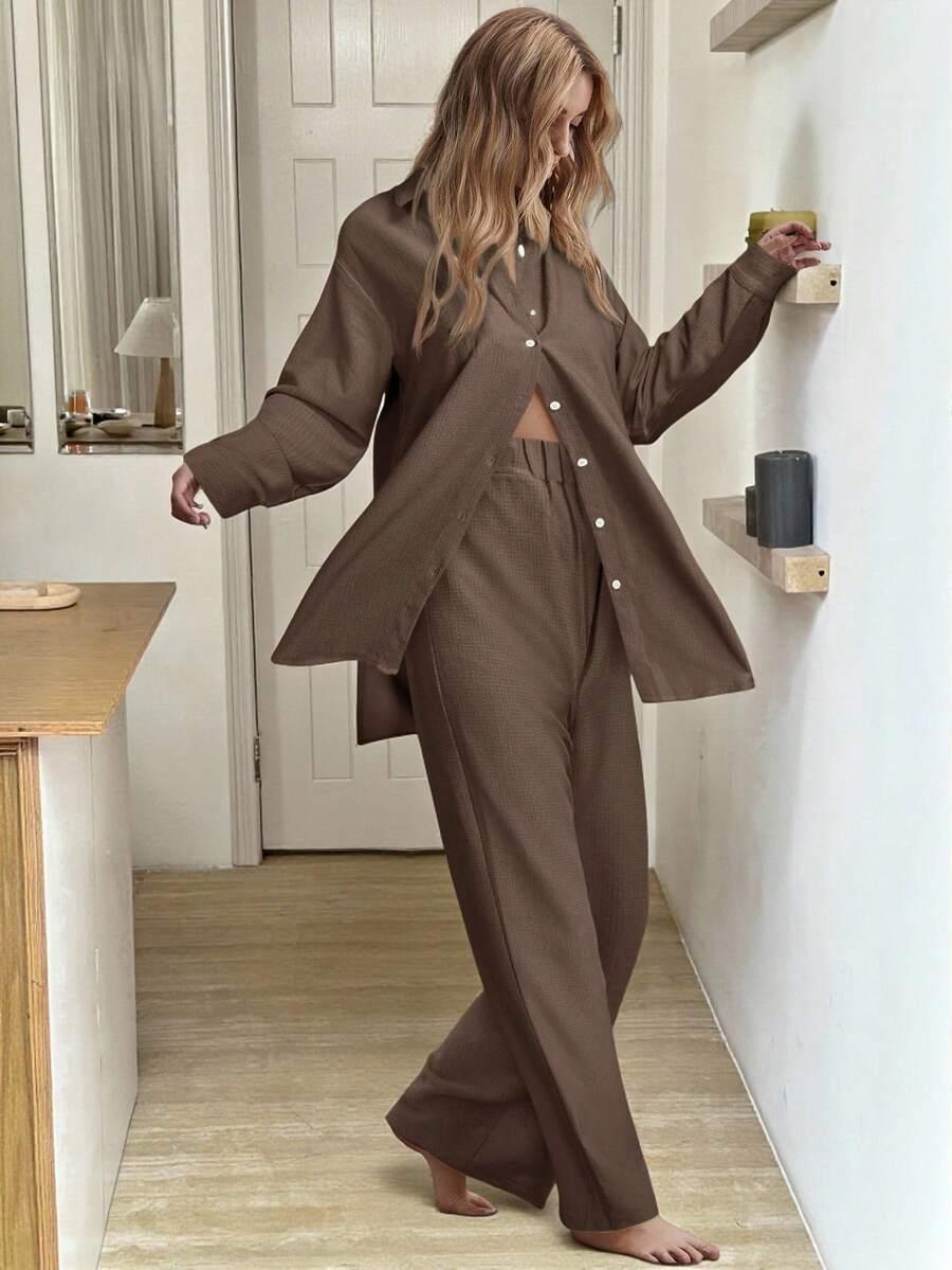 SHEIN BRĄZOWY KOMPLET KOSZULA SPODNIE OVERSIZE S06__L