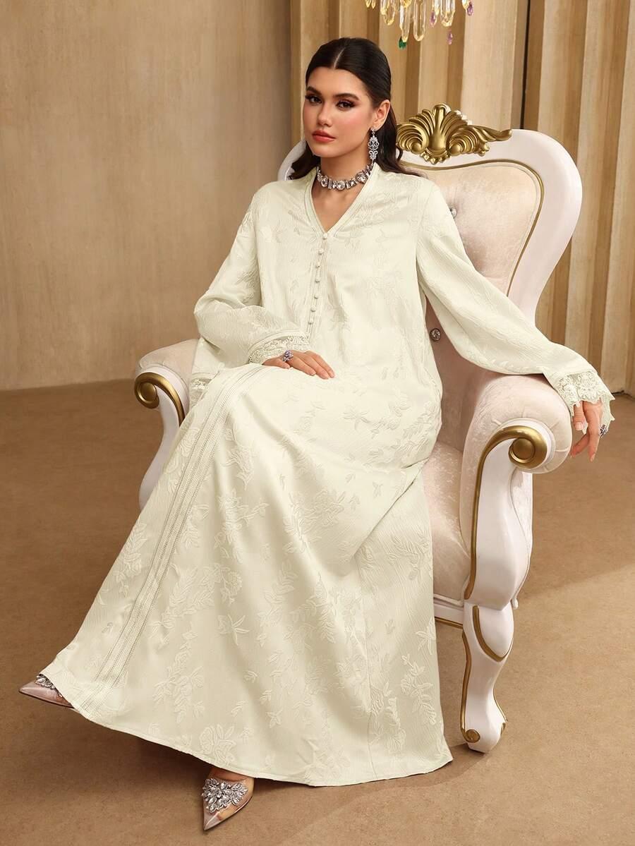 SHEIN KREMOWA MAXI SUKIENKA GUZIKI HAFT S06__L