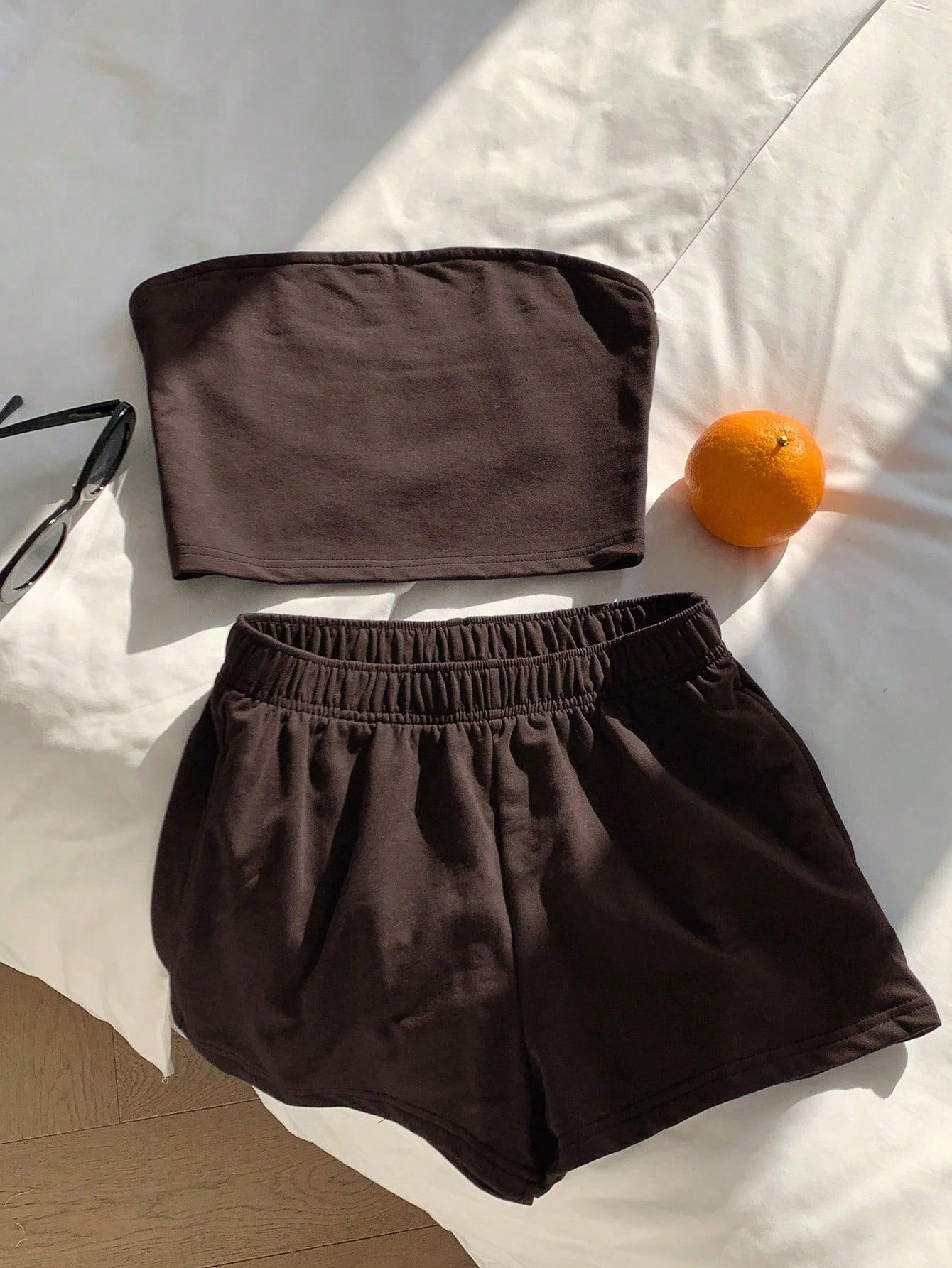 SHEIN BRĄZOWY KOMPLET TOP SPODENKI S06__M