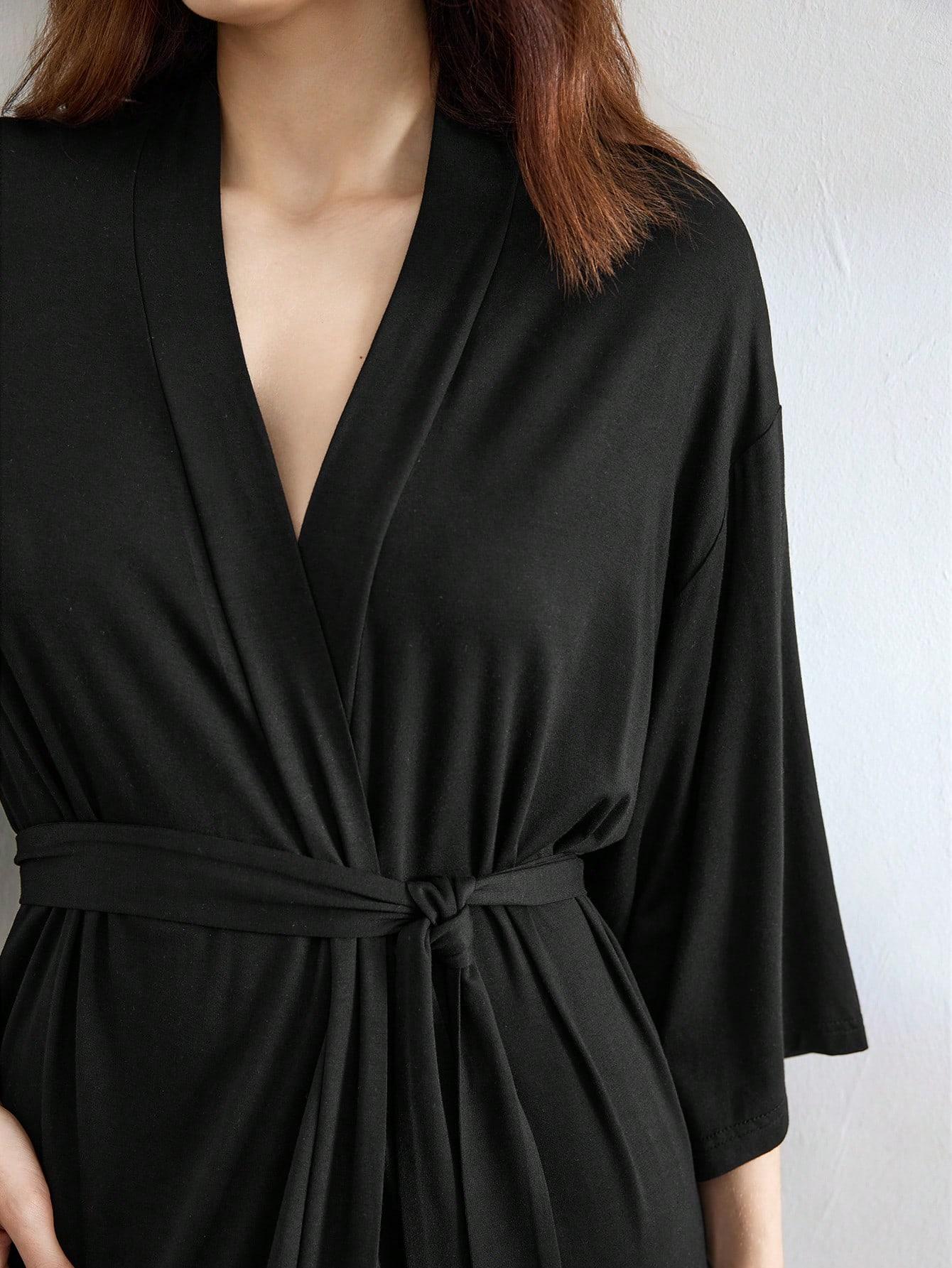 SHEIN CZARNY SZLAFROK WIĄZANIE S06__M