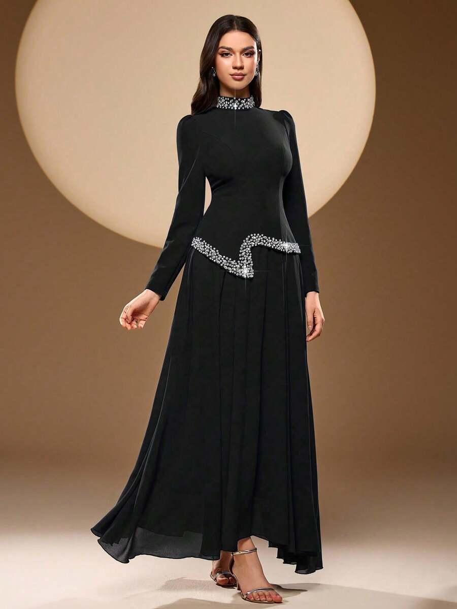 SHEIN CZARNA MAXI SUKIENKA ZDOBIENIE S06__L