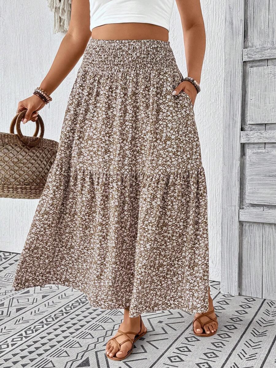 SHEIN BRĄZOWA MAXI SPÓDNICA KWIATY S06__50