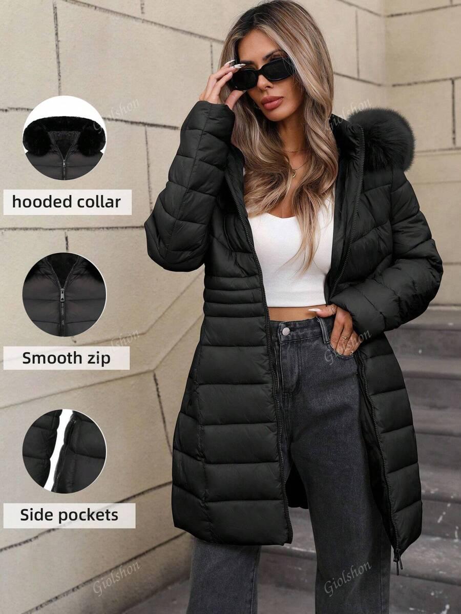SHEIN CZARNA PIKOWANA KURTKA Z KAPTUREM W01__L