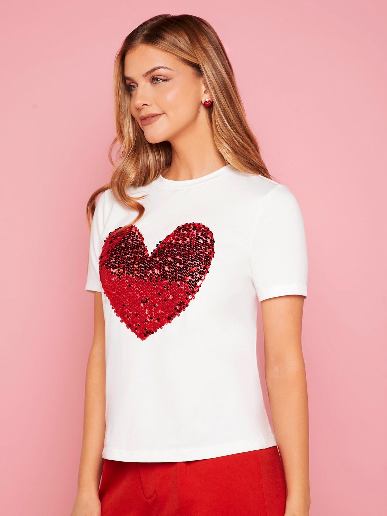 SHEIN BIAŁY T-SHIRT CEKINY SERCE S06__M