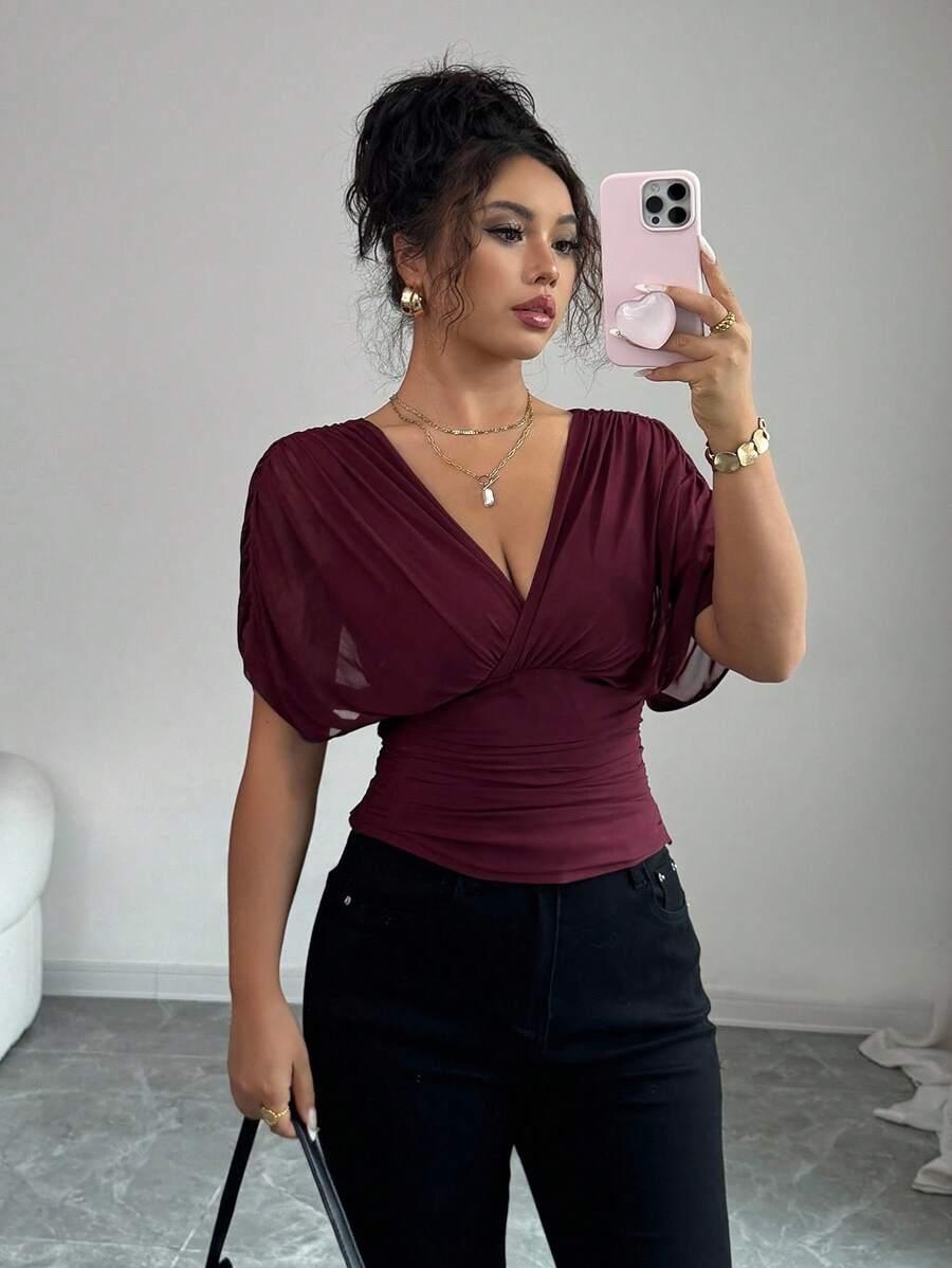 ELENZGA CZERWONA BLUZKA V-NECK S06__L