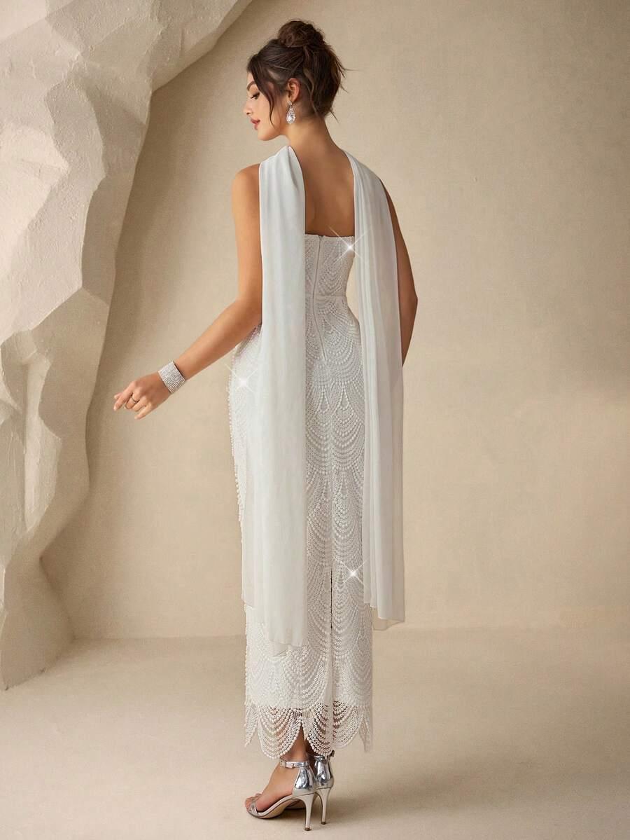 SHEIN BIAŁA SUKIENKA ZDOBIENIE SZAL S06__L
