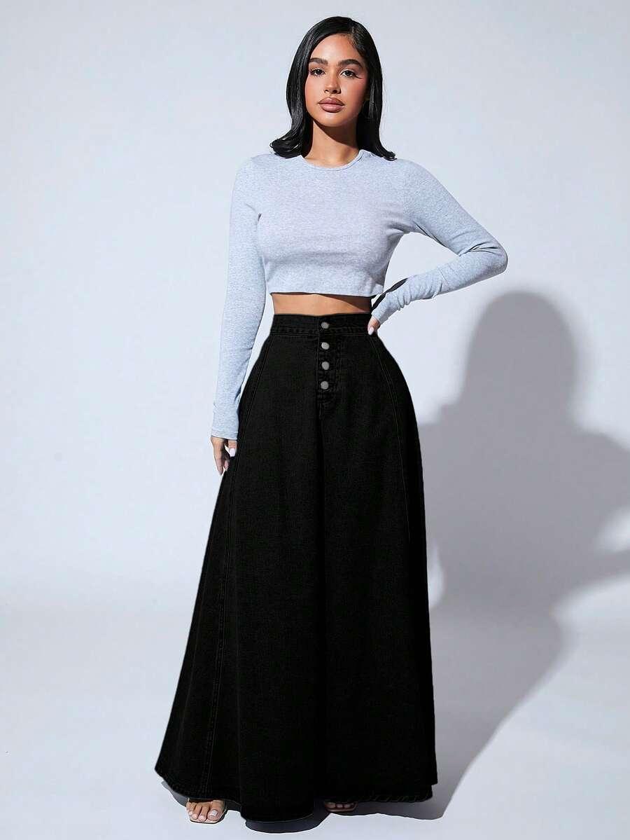 SHEIN CZARNA MAXI SPÓDNICA JEANS S06__L