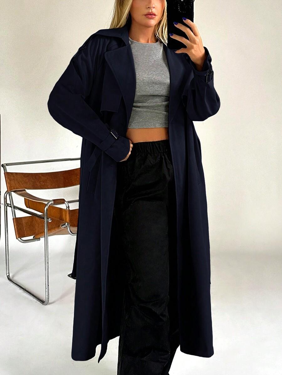 SHEIN GRANATOWY PŁASZCZ TRENCZ S06__L