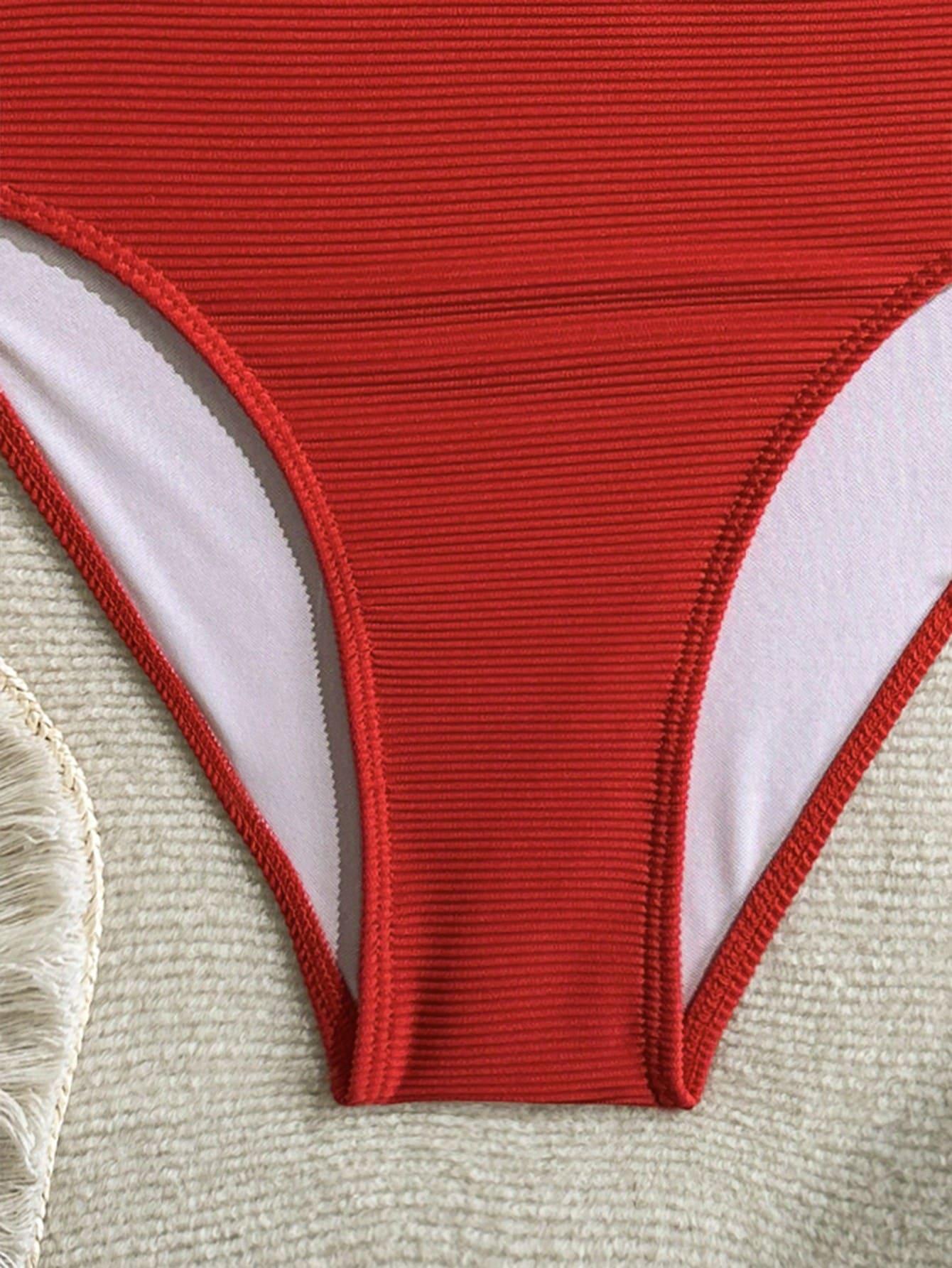SWIM BASICS CZERWONY DWUCZĘŚCIOWY STRÓJ KĄPIELOWY PRĄŻKI S09__L