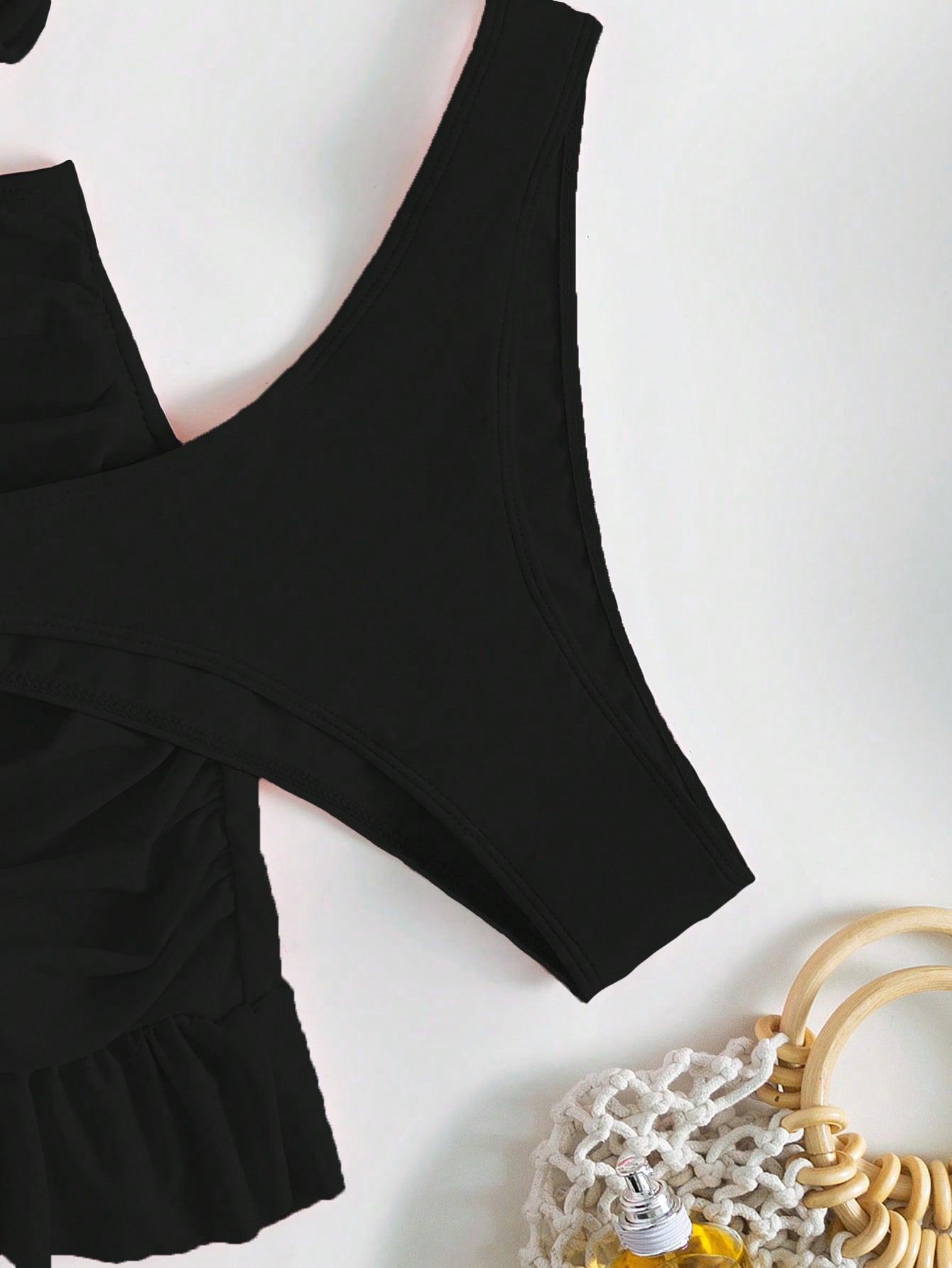 SHEIN CZARNY DWUCZĘŚCIOWY STRÓJ KĄPIELOWY PAREO S09__XL