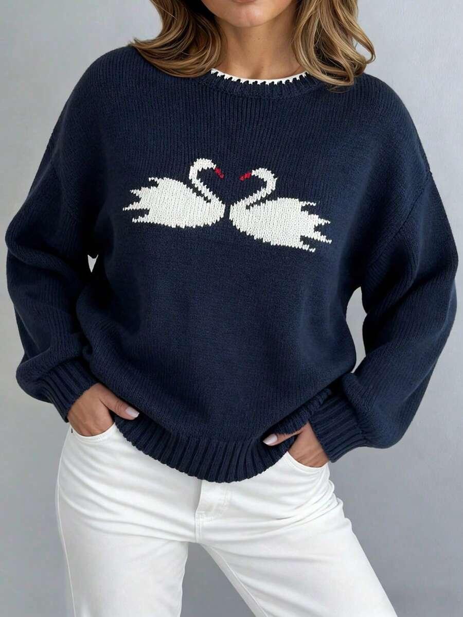 SHEIN GRANATOWY SWETER WZÓR ŁABĘDZIE S06__XL