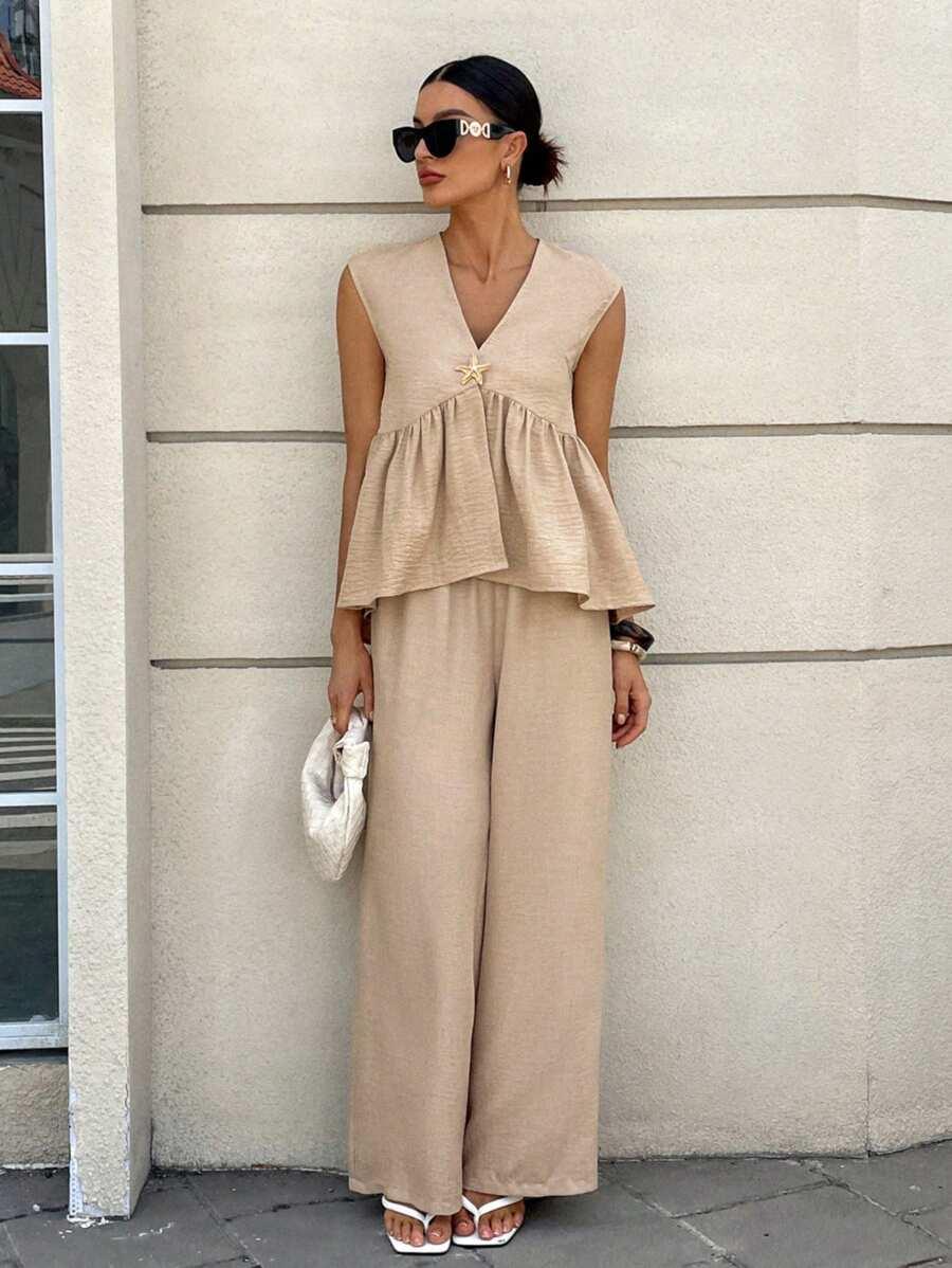 SHEIN BEŻOWA BLUZKA FALBANA S06__L