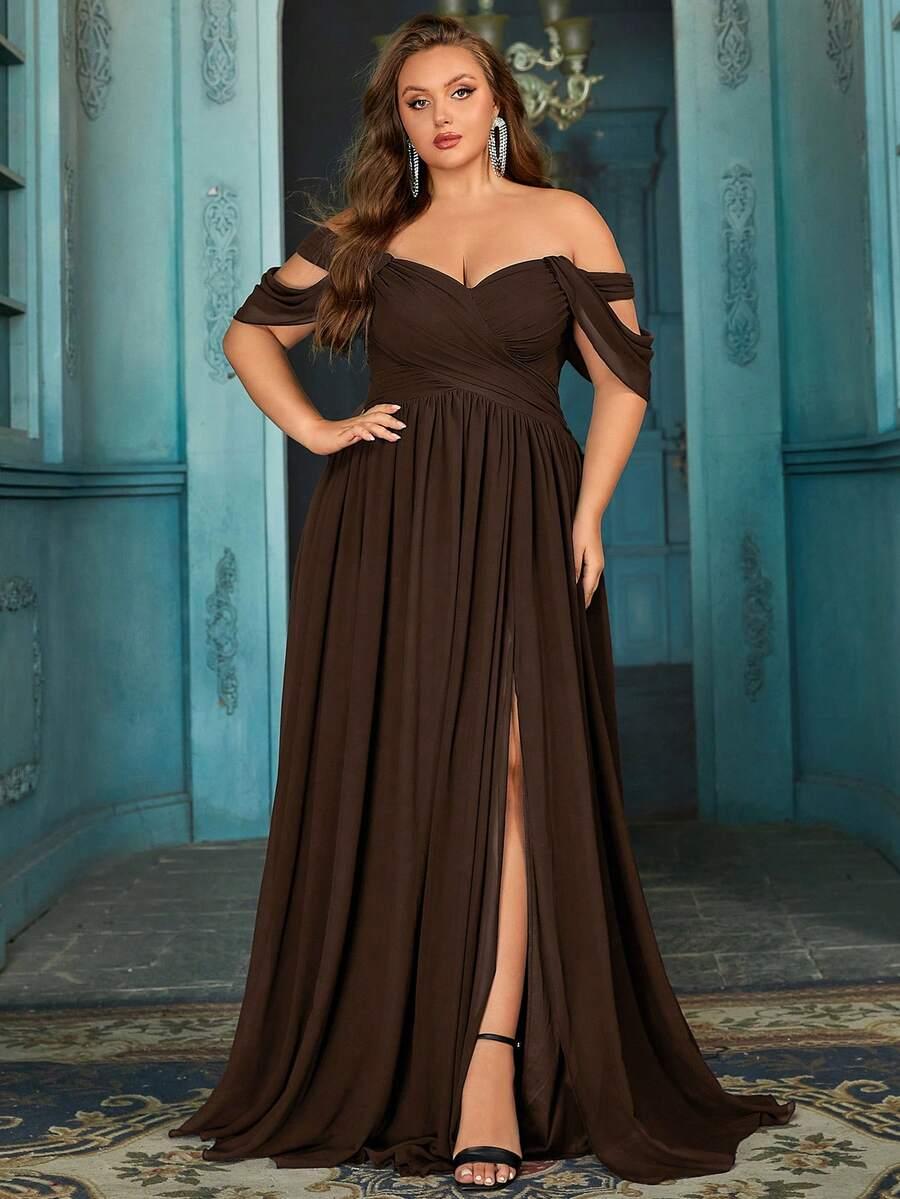 SHEIN BRĄZOWA MAXI SUKIENKA ODKRYTE RAMIONA S06__46