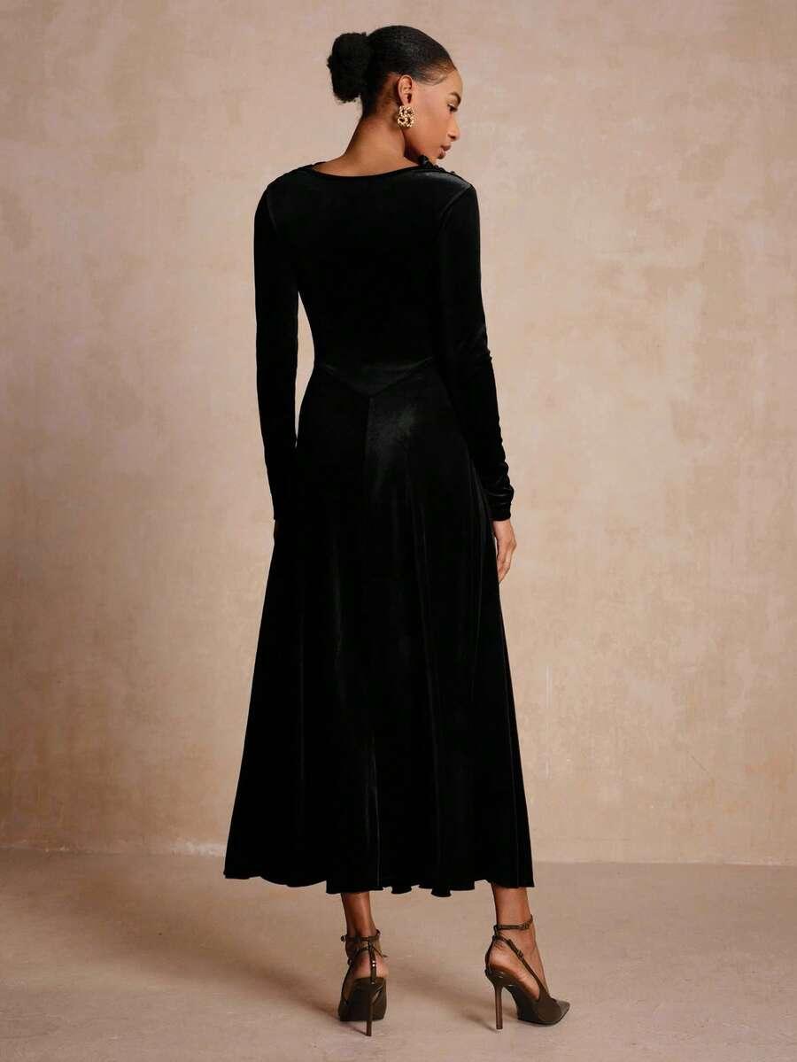 SHEIN CZARNA MIDI SUKIENKA DŁUGI RĘKAW S06__S