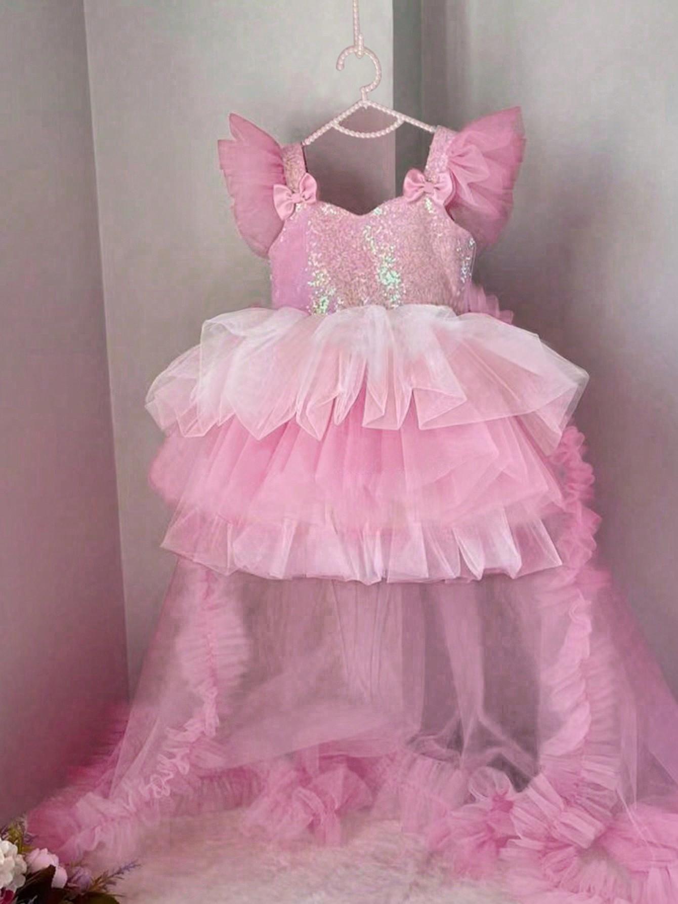 SHEIN RÓŻOWA SUKIENKA ZDOBIENIE TIUL S06__104-110
