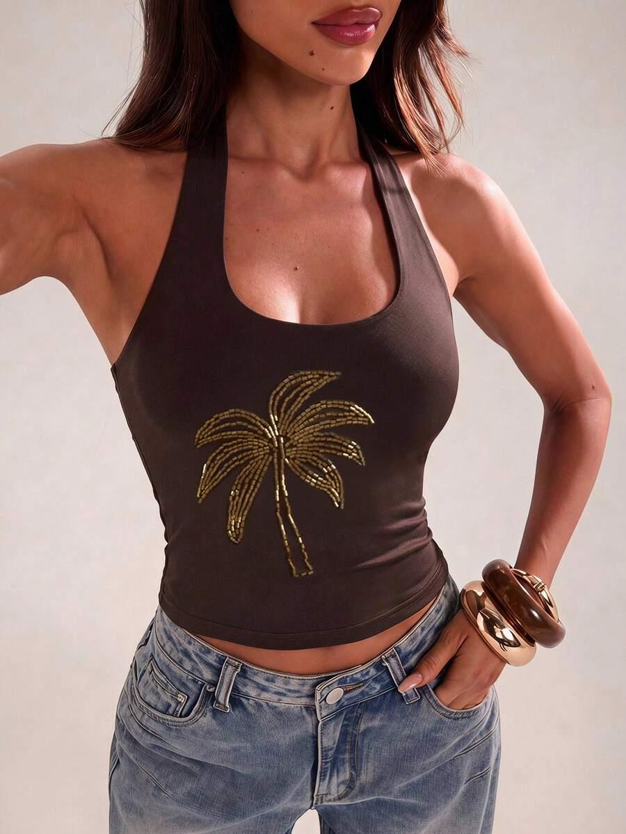 SHEIN BRĄZOWY TOP WIĄZANY NA SZYI S06__M