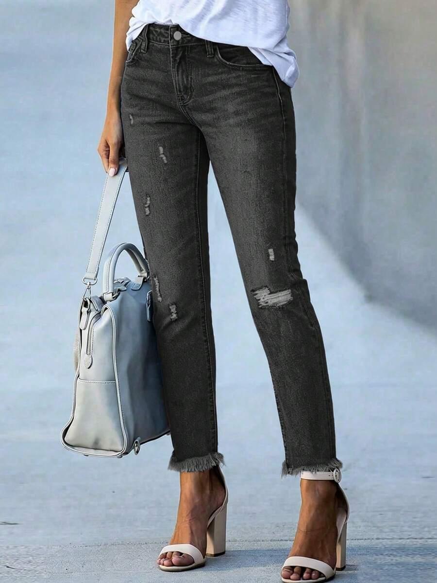 SHEIN CZARNE SPODNIE JEANS PRZETARCIA S06__L