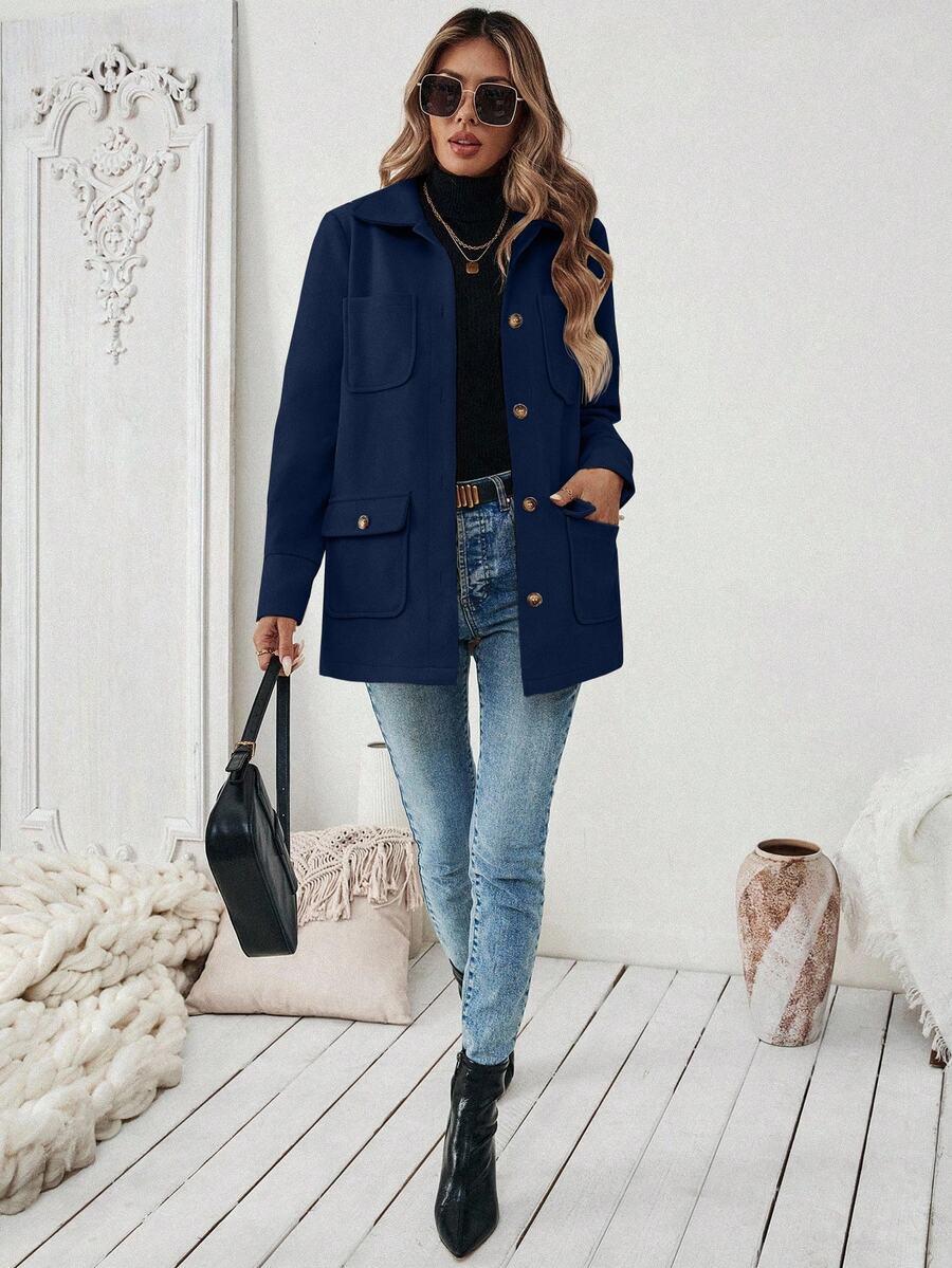 SHEIN GRANATOWY PŁASZCZ GUZIKI KIESZENIE W01__L