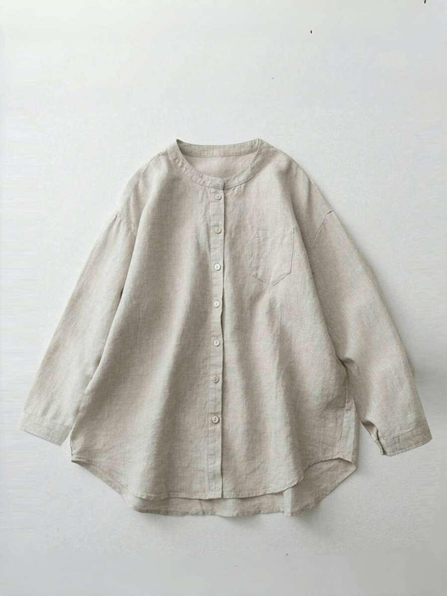 SHEIN BEŻOWA KOSZULA Z DOMIESZKĄ LNU PK01__M