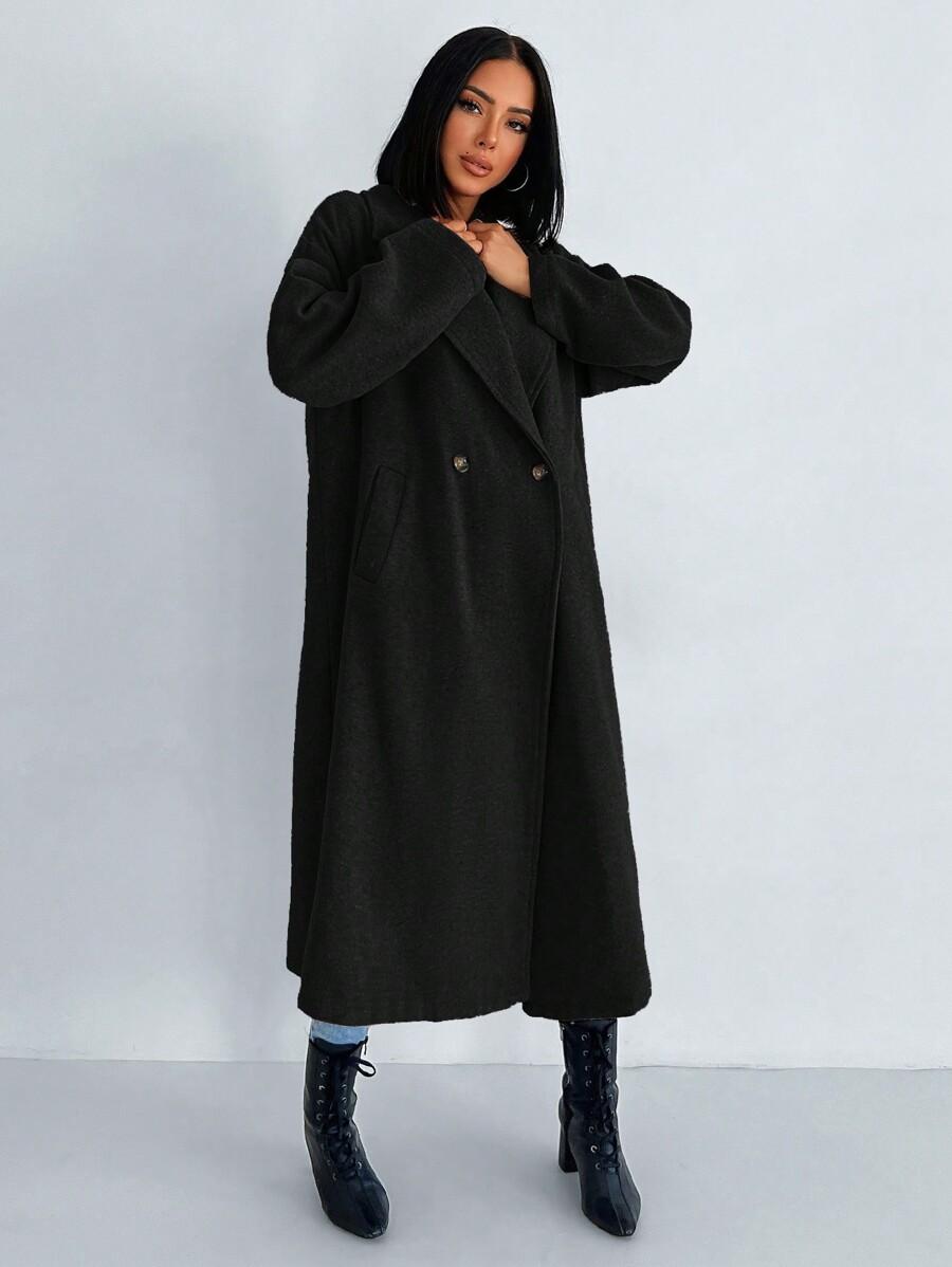 SHEIN CZARNY PROSTY DŁUGI PŁASZCZ W01__S