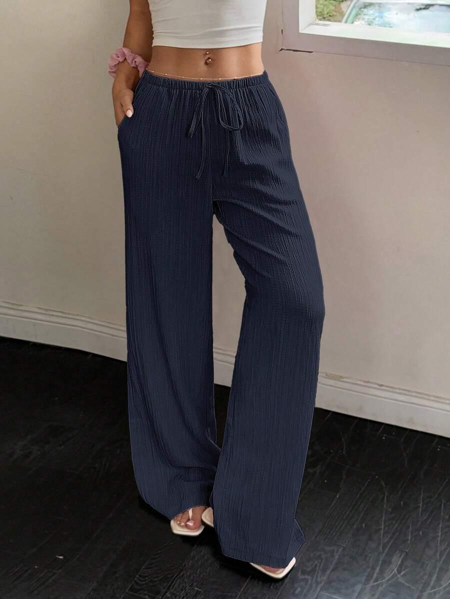 SHEIN GRANATOWE LUŹNE CASUALOWE SPODNIE WIĄZANIE TEKSTURA PK01__S