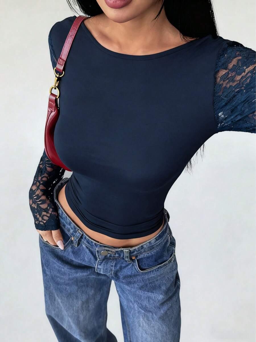 SHEIN GRANATOWA BLUZKA ODKRYTE PLECY KORONKA S07__XL