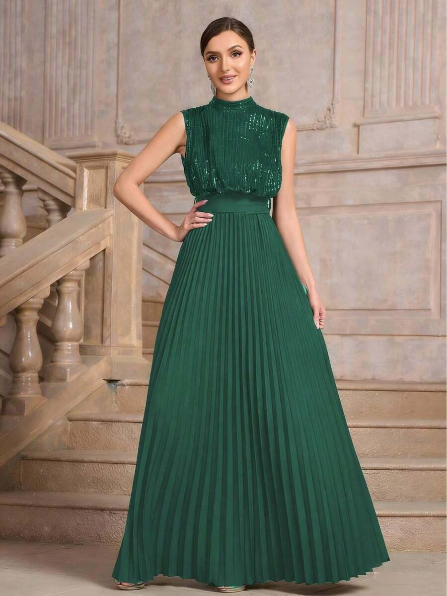 SHEIN ZIELONA MAXI SUKIENKA PLISY CEKINY WIĄZANIE ODKRYTE PLECY S06__S