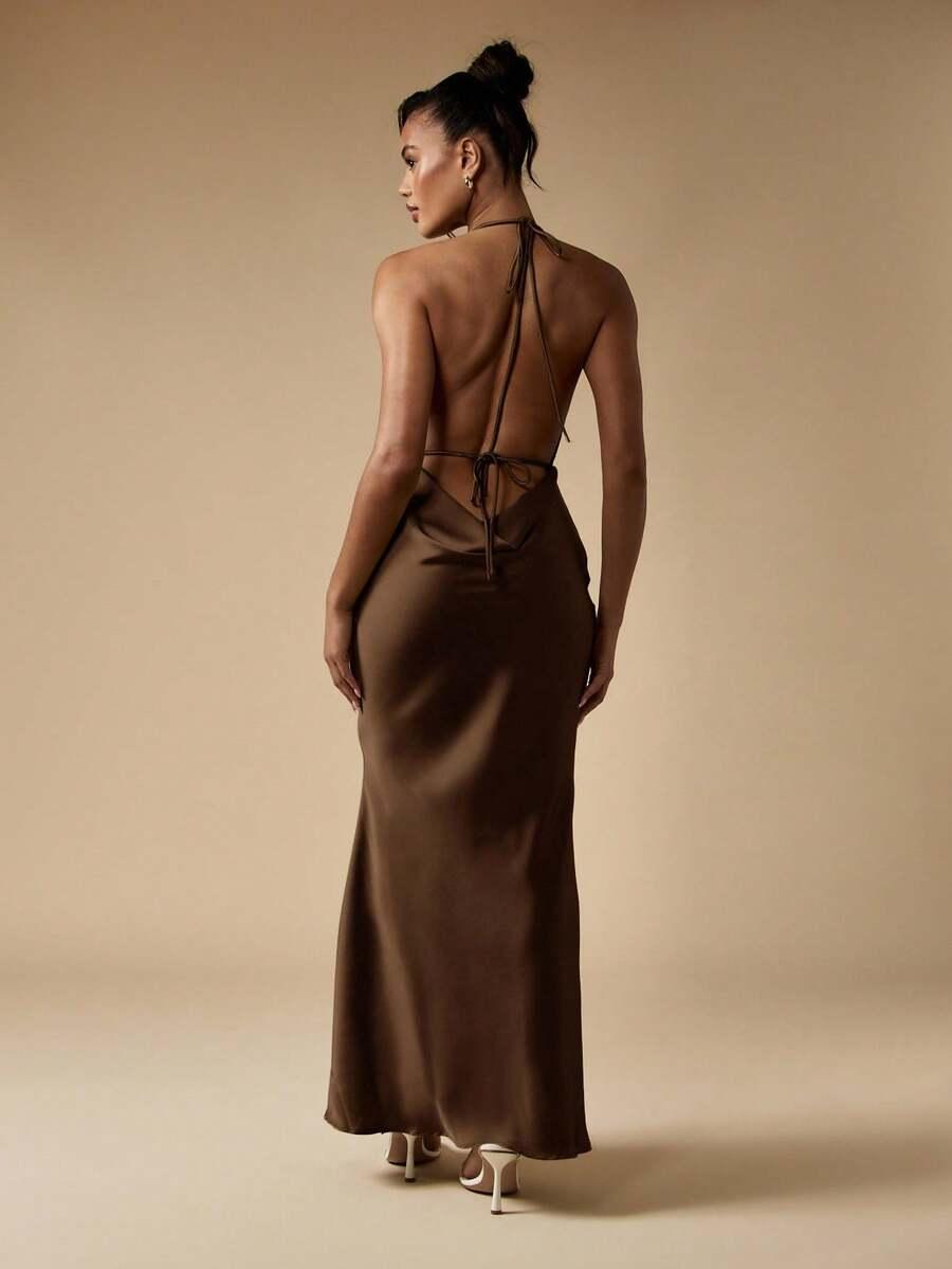 MISSGUIDED BRĄZOWA SUKIENKA MAXI ODKRYTE PLECY S06__S