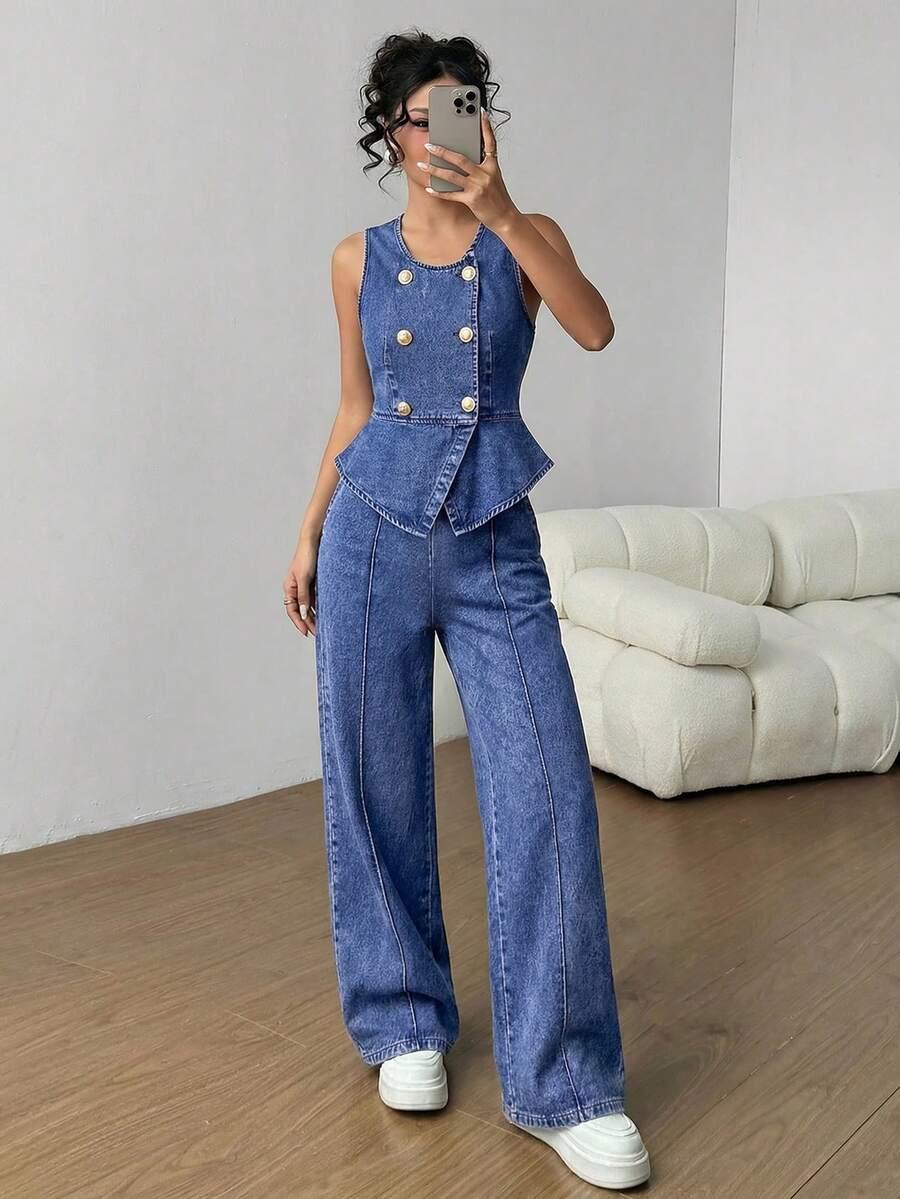 SHEIN NIEBIESKA KAMIZELKA SPODNIE KOMPLET JEANSOWY S06__164-170