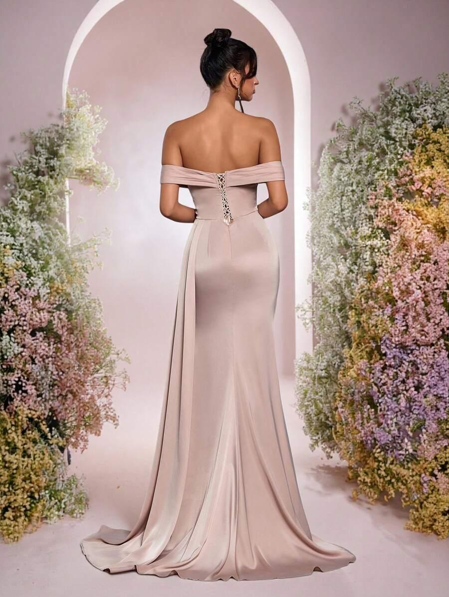 SHEIN BEŻOWA MAXI SUKIENKA ZDOBIENIE ROZCIĘCIE S06__L
