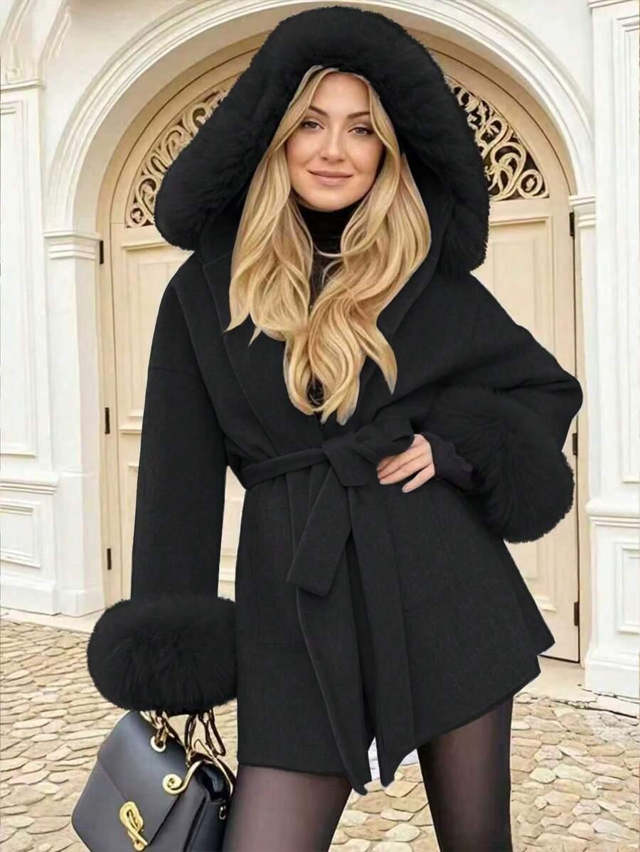 SHEIN KLASYCZNY CZARNY PŁASZCZ WIĄZANIE W01__M