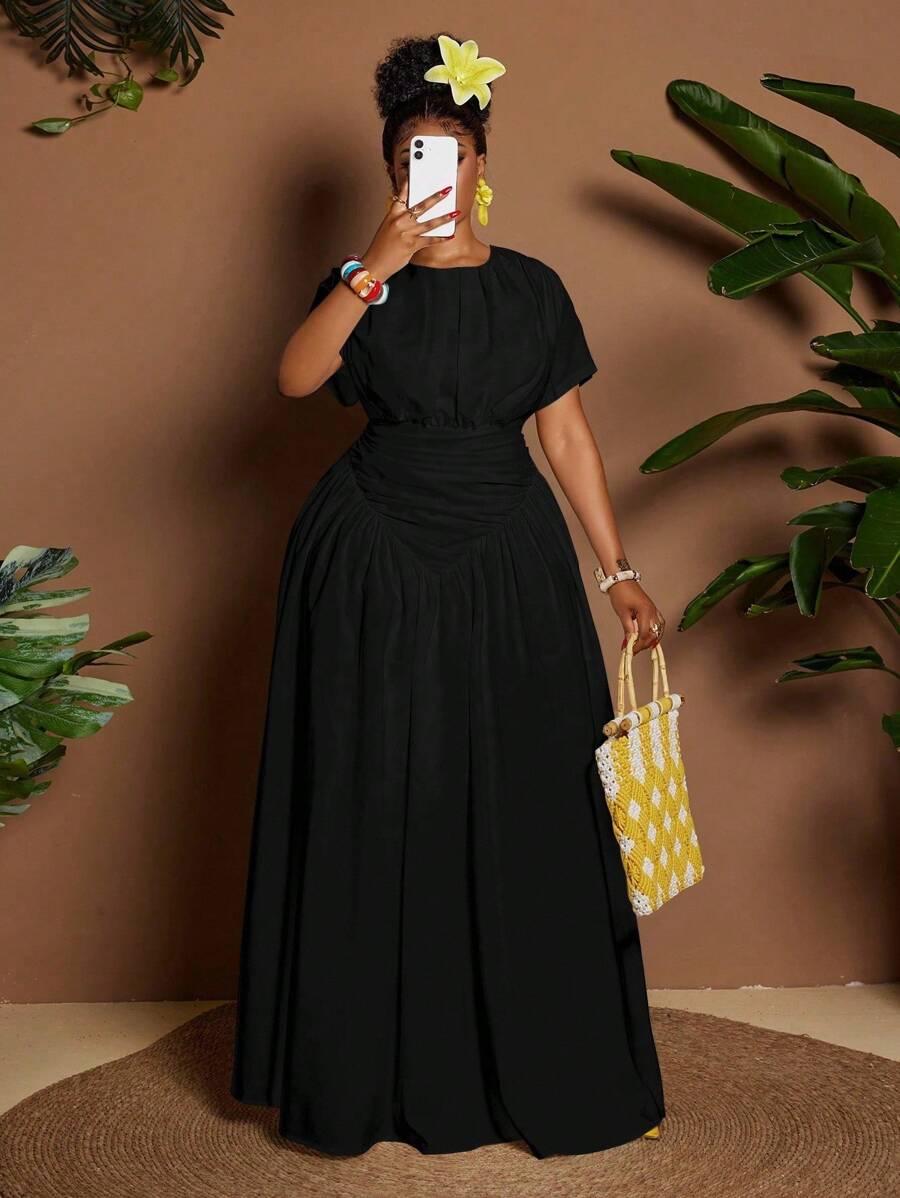 SHEIN ROZKLOSZOWANA CZARNA MAXI SUKIENKA MARSZCZENIA S06__46