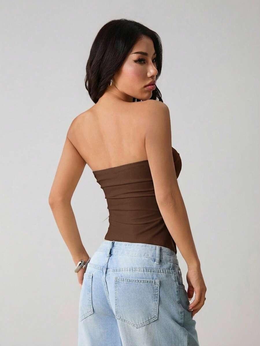 SHEIN BRĄZOWY TOP TUBA MARSZCZENIE S06__XS