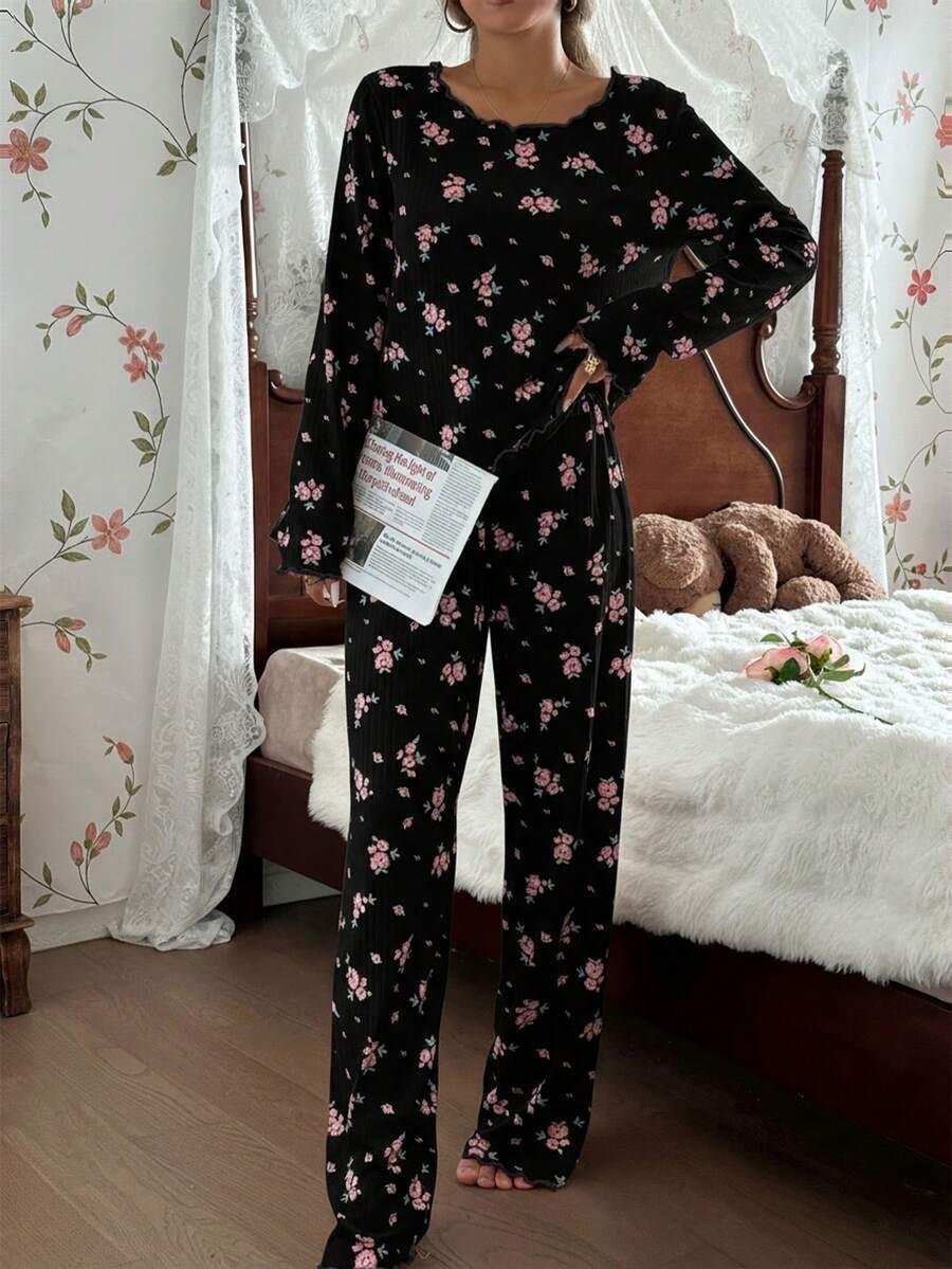 SHEIN PIŻAMA KOMPLET BLUZKA SPODNIE PRINT KWIATY S06__L