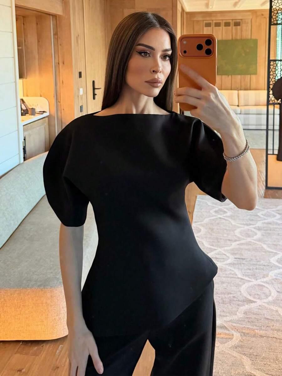 SHEIN CZARNA BLUZKA KRÓTKI RĘKAW S06__M