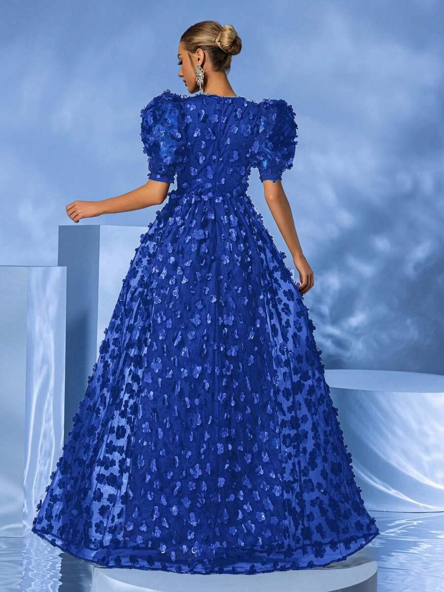 YISIKADO NIEBIESKA SUKIENKA MAXI ZDOBIENIA KWIATY 3D S06__M