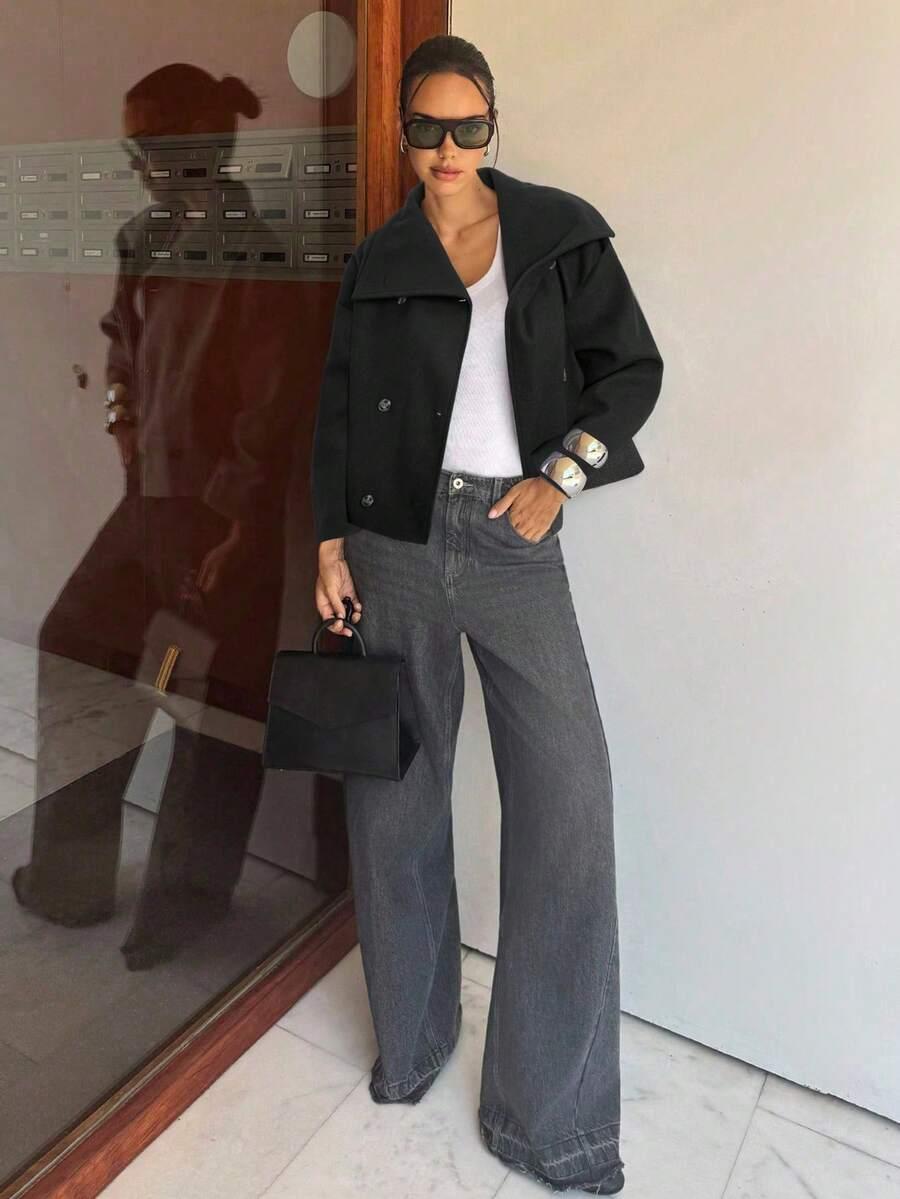 SHEIN CZARNY KLASYCZNY PŁASZCZ W01__M