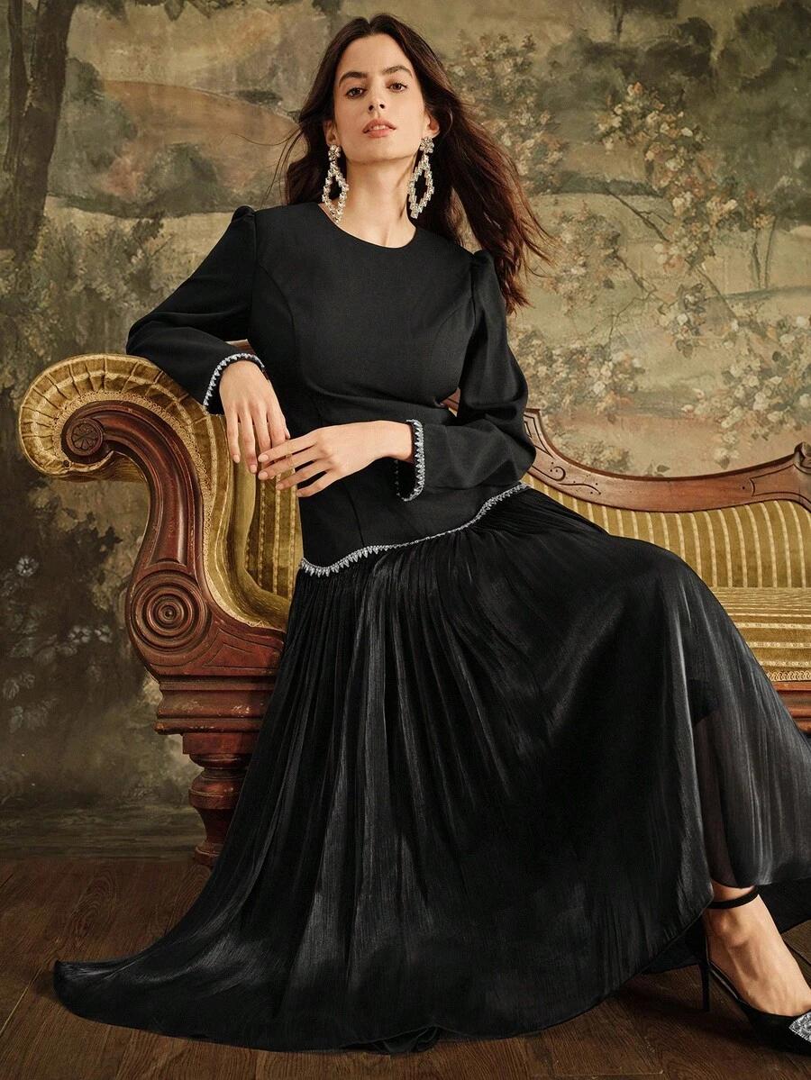 ANEWSTA CZARNA MAXI SUKIENKA ZDOBIENIE S06__L
