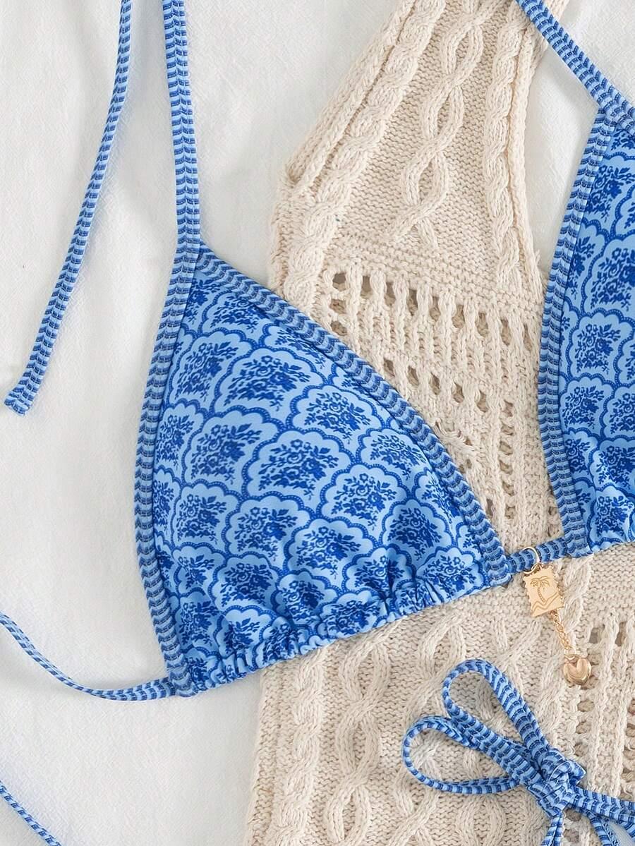 SWIM MOD NIEBIESKA GÓRA OD BIKINI PRINT ZDOBIENIE S09__M