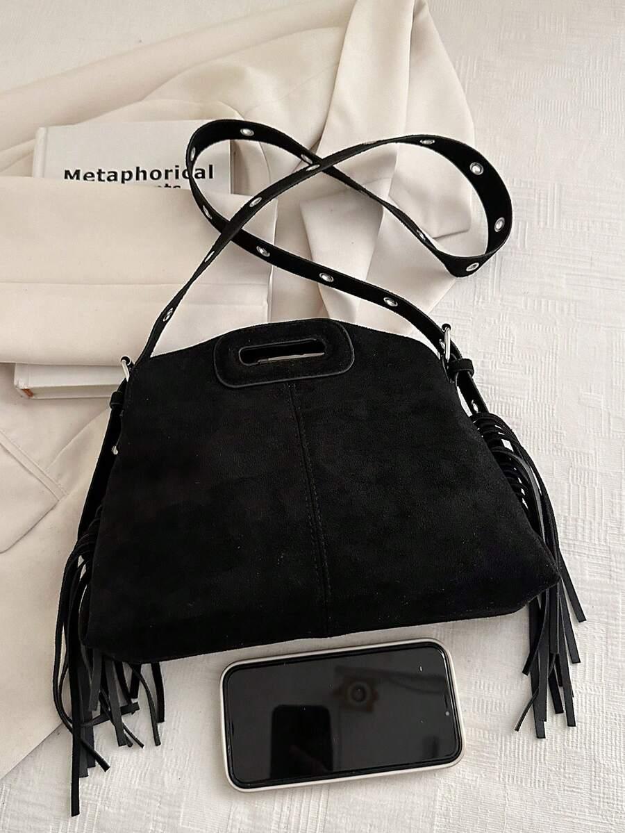 SHEIN CZARNA TOREBKA NA RAMIĘ FRĘDZLE S07__27X9X20.5CM
