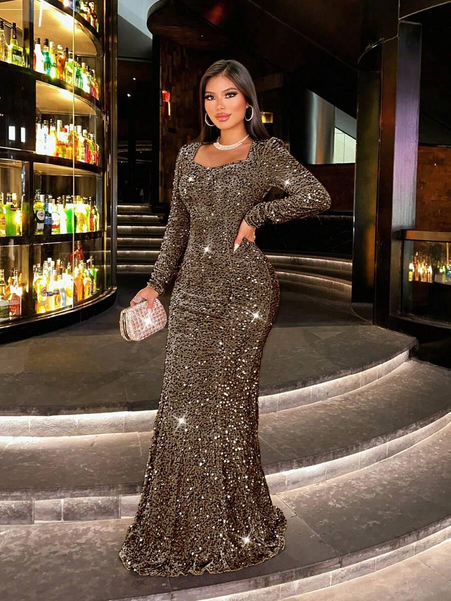 SHEIN BRĄZOWA MAXI SUKIENKA ZDOBIENIE CEKINY S06__L