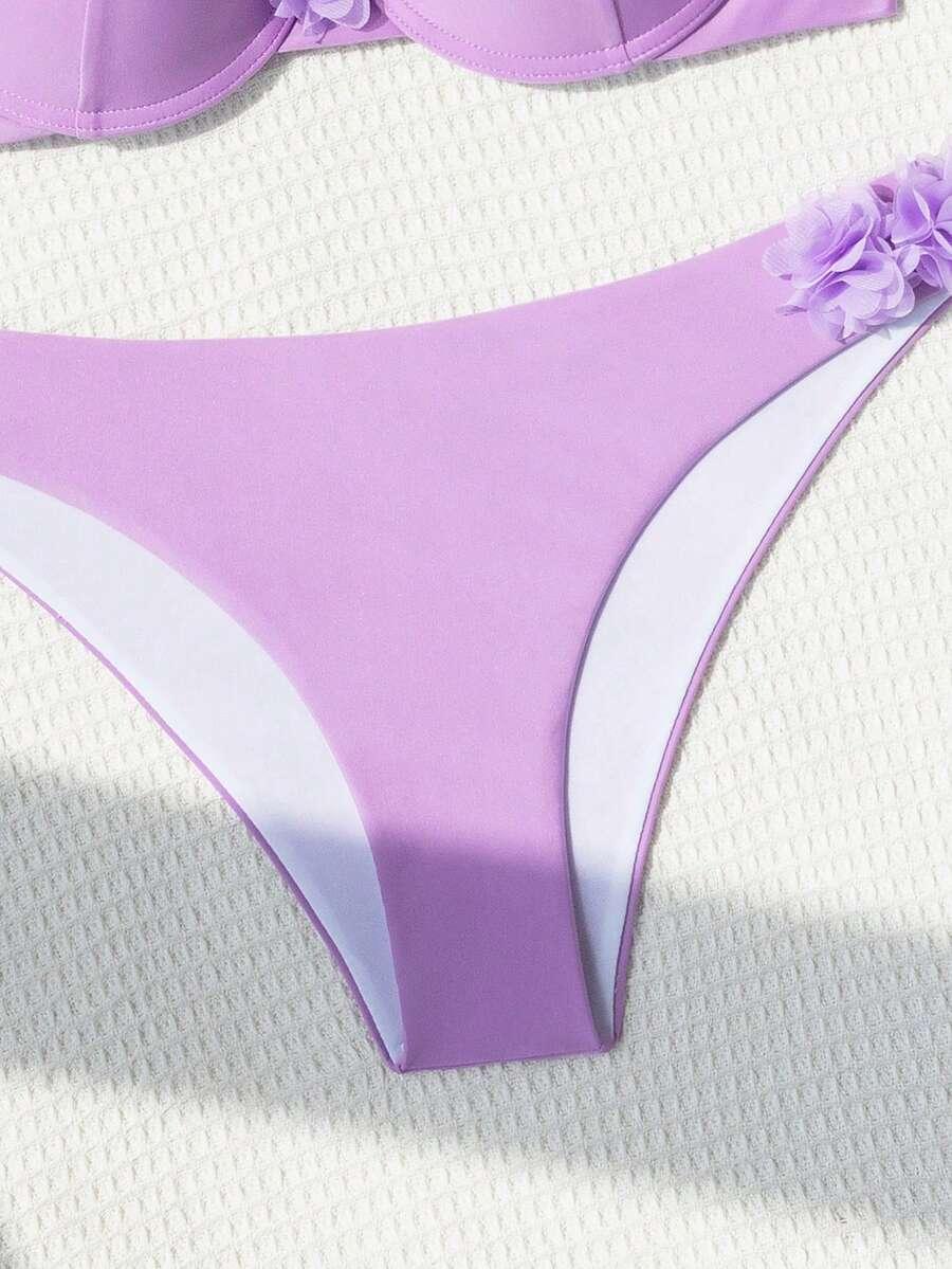 SHEIN FIOLETOWY DWUCZĘŚCIOWY STRÓJ KĄPIELOWY KWIAT 3D S09__XL