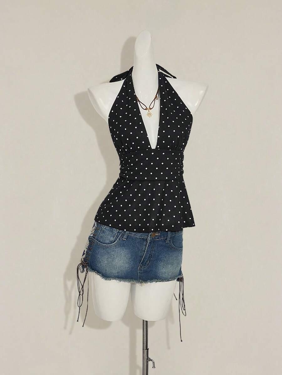 SHEIN CZARNY TOP WIĄZANE NA SZYI S06__XS