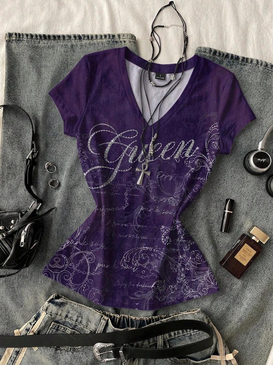 SHEIN FIOLETOWY T-SHIRT V-NECK S09__XS